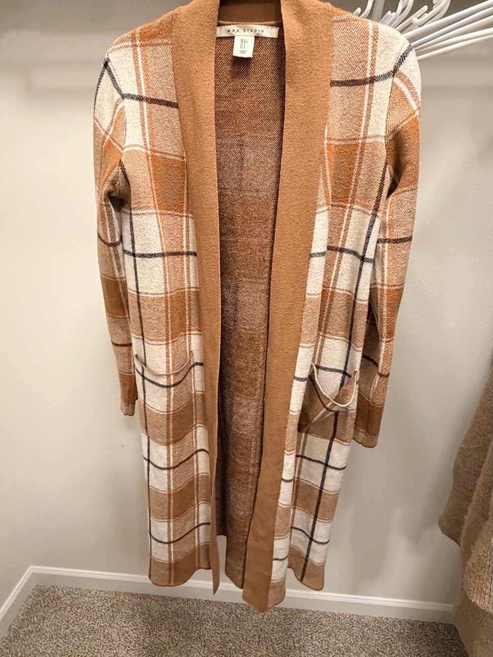 Max Studio Camel and Cream Plaid Long Open Cardigan